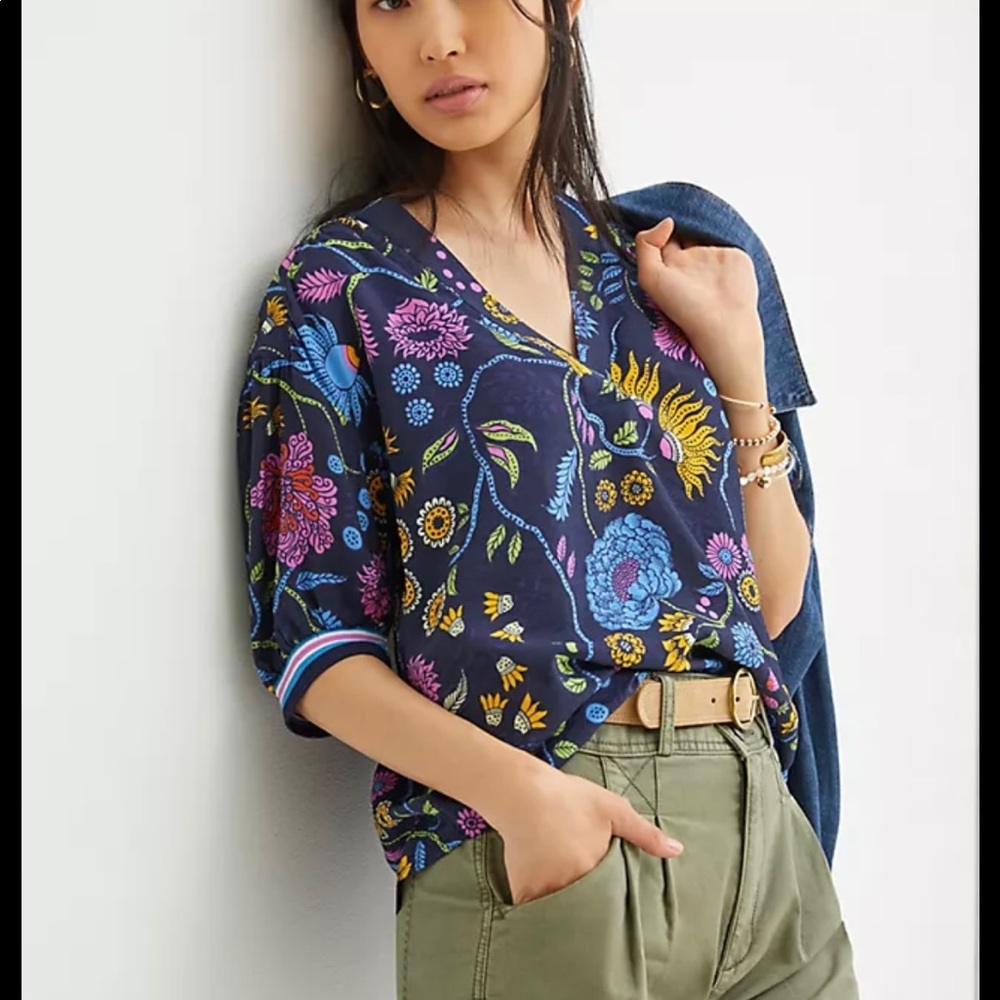 Anthropologie Maeve Floral Puff Sleeve V Neck navy pink blouse shirt X Small New